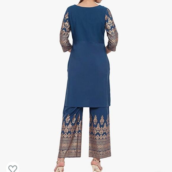 Janasya Indian Women's Teal Poly Crepe Kurti With Palazzo - Picture 7 of 8